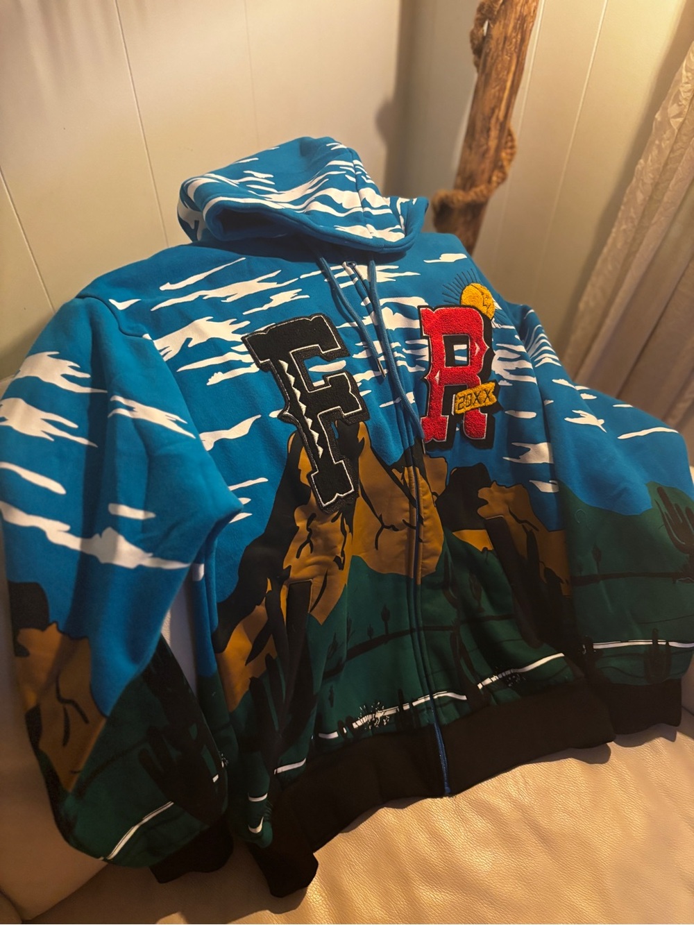 Blue Graphic Zip-Up Hoodie with Appliqué Letters